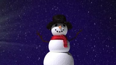 Kardan adamın üzerine düşen kardan adam ve kış manzarasının animasyonu. Noel, gelenek ve kutlama konsepti dijital olarak oluşturuldu.