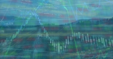 Şafak vakti kırsal alanlarda sergilenen borsa tablosu, çizgiler şamdan çubukları yüzde yüz yol çizgileri. Finansal analiz, veri görselleştirme, kırsal manzara, doğa arka planı, gün doğumu, gün batımı, manzara