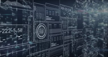 Dijital arayüz uzayında, sayısal çıktılarla birlikte merkezi holografik veri panelleri gösteriliyor. Fütürist, teknoloji, görselleştirme, arayüz, analitik, donanımlı, sanal