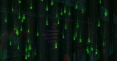 Sayısal gösterge panelinde yeşil ikili akımlar gösteriliyor, çubuk grafikler, çizgi çizelgeleri, ızgara örtüsü. Gelecek, teknoloji, veri, analiz, dijital, arayüz, siber