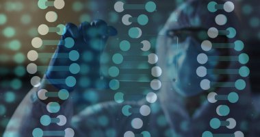 Koruyucu kılıflı, eldivenli, laboratuarda örnek analiz eden, DNA kaplamalı küçük bir bilim adamı. Moleküler, biyoteknoloji, yenilik, araştırma, fütüristik, dijital, sağlık