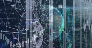 Ticaret merkezinde, cam paneller ve şamdan çizgileri ile holografik finansal veriler gösteriliyor. Dijital, analitik, fütüristik, teknoloji, veri görselleştirme, yenilik, arayüz