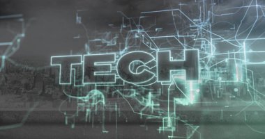 Sanal şehir siluetinin üzerinde holografik devreler ve ağ düğümleriyle parlayan TECH kelimesi. Fütürist, dijital, teknoloji, ağ, siber, yenilik, soyut