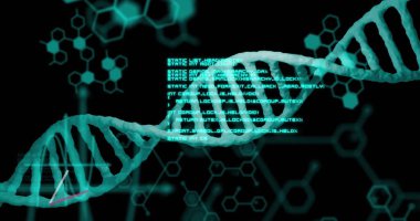 Dijital soyut arayüzde DNA sarmal grafiği, kod örtüsü ve altıgen desenler. Gelecekçi, biyoteknoloji, veri görselleştirme, yazılım, yenilik, moleküler, bilimsel