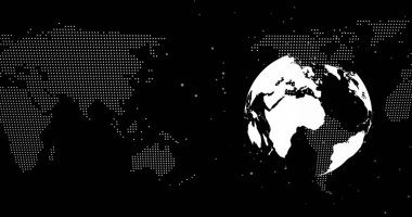 Veri arayüzünde kıtaları gösteren, noktalı harita ve düğümlerle dönen beyaz 3D küre, boşluğu kopyala. Futuristik, dijital, bağlantı, küresel, soyut, teknoloji, ağ