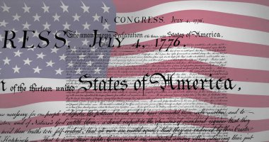 Birleşik Devletler bayrağı ve Deklarasyon metnini dijital sanatla birleştiren grafik, tarihi tema. Vatanseverlik, amerikan, grafik tasarım, tarihi, kutlama, ulusal gurur, vektör sanatı