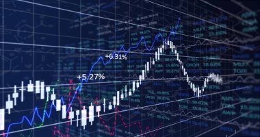 3 boyutlu şebeke, beyaz şamdanlar, trend çizgileri ve yüzde etiketli gösterge tablosu gösteriliyor. Teknoloji, finans, analitik, yatırım, veri, dijital, iş