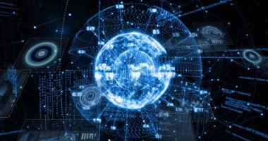 UI panelleri, sayısal örtüşmeler ve kod akışları ile siber uzayda titreşen kablo küre animasyonu. Gelecek, teknoloji, ağ, veri, arayüz, dijital, sanal