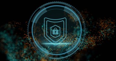 Dijital uzayda asma kilit sembollü eş merkezli HUD halkalar içinde yüzen kalkan simgesi gösteriliyor. Gelecekçi, siber, teknoloji, güvenlik, dijital, soyut, yenilik