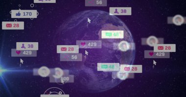 Uyarı baloncukları ve ok imleçleriyle karanlık yıldızlı uzayda dönen Dünya 'nın yüzen küresi. Gezegen, siber uzay, dijital, bağlantı, teknoloji, ağ, bilgi