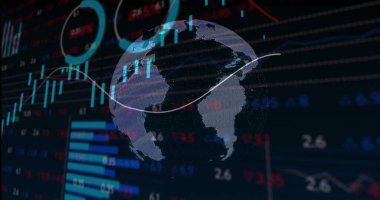 Beyaz trend çizgisi, çubuk grafikleri ve göstergeleriyle veri panelinde dönen 3D Dünya küresi görüntüleniyor. Gelecekçi, analitik, görselleştirme, dijital, teknoloji, girişim, veri güdümlü
