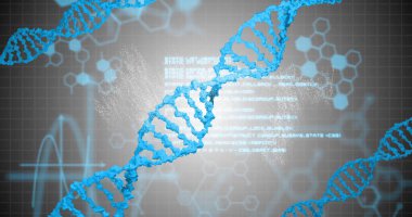 Sanal laboratuvarda mavi DNA sarmalı, altıgen örtüler, parlayan kod ve dalga biçimi çizgisi var. Bilim, biyoteknoloji, yenilik, fütüristik, moleküler, dijital, biyoenformatik