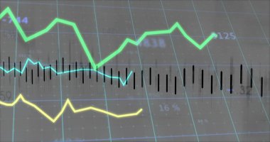 Yeşil, siyanür, sarı çizgi grafikleri, koyu çizgili siyah çizgiler, eksen etiketleri gösteriliyor. Analizler, teknoloji, bilgi grafikleri, dijital, fütüristik, veri analizi, içgörü