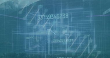 Dağ vadisinde rüzgar türbinleri sergileniyor, şebeke şebekesi ve yüzen sayısal dizilerle. Teknoloji, yenilenebilir, sürdürülebilirlik, görselleştirme, fütüristik, çevresel, mühendislik