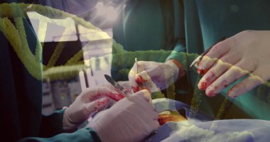 Cerrahları ameliyat odasında ameliyat masasında neşter, perdeler ve tepsi kullanarak ameliyat etmek. Tıbbi, sağlık, profesyonellik, kesinlik, steril, takım çalışması, güvenlik