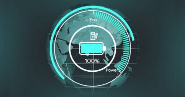 Sanal gösterge panelinde yükleme sembolü ve Eco veya Power çubuklarıyla dünyayı kaplayan pil simgesi gösteriliyor. Gelecek, teknoloji, yenilik, dijital, arayüz, analitik, sürdürülebilirlik