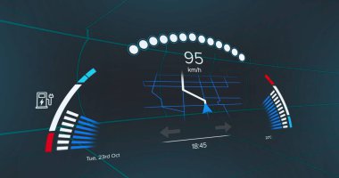 Kokpitte HUD yansıması, takometre hızı, navigasyon şeridi kılavuzu, göstergeler ve saat tarihi. Fütürist, teknoloji, dijital, arayüz, gösterge paneli, sanal, yüksek teknoloji