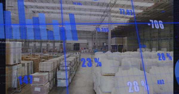Displaying blue overlay showing bar graphs and percentages in warehouse storage, with pallet stacks. Industrial, logistics, inventory, analytics, data visualization, automation, supply chain