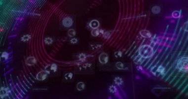 Dönen kırmızı halkaları başlatan karanlık boşluk, titreşen ve kümelenen ikonlar veri ağını gösteriyor. Soyut, fütüristik, dijital, teknoloji, görselleştirme, siber alan, yenilik