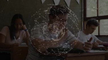 Veri küresi titreşimi, sınav yazarken, odaklanmayı gösterirken, merkezi öğrencinin alnını ovalamasını tetikliyor. Teknolojik, konsantrasyon, akademik, dijital, modern, yenilik, eğitim