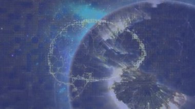 Dijital insan beyninin animasyonu ve soyut arkaplan üzerinde dönen dünya. Dijital olarak üretilmiş, hologram, anatomi, küreselleşme, yapay zeka ve teknoloji konsepti.