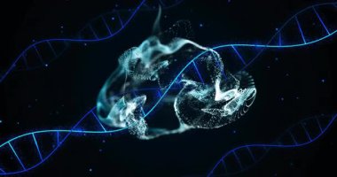 Gök parçacıkları moleküler hareketi görselleştirmek için girdap gibi dönen sarmal parçacıklar. Fütürist, soyut, dinamik, bilim, teknoloji, kozmik, canlı