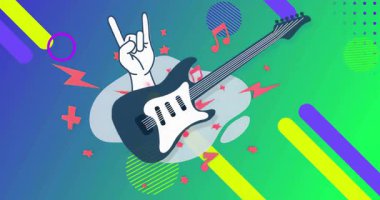 Gitar silueti kayan çubukları canlandırıyor ve kaya titreşimleri için gradyan başlangıçta simgeleri patlatıyor. Müzik, psikedelik, dijital, enerjik, enerjik, soyut, performans