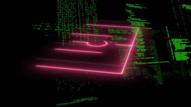 Neon spor sahasında veri işleme animasyonu. Küresel spor, rekabet ve veri işleme kavramı dijital olarak oluşturulmuş video.
