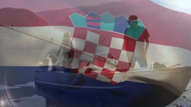 Sahilde dalgalanan Hırvat bayrağının animasyonu. Seyahat tatili vatanseverliği ve dijital olarak üretilen kutlama konsepti.