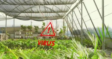 Sera santralleri kırmızı virüs uyarı penceresi titreşen sinyal tehdidine kadar hareketsiz duruyor. Biyoteknoloji, dijital, siber güvenlik, teknoloji, temiz, eko, gelecekçi