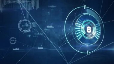 Bağlantı ağı üzerinden geri sayım ile tarama alanının animasyonu. Dijital olarak oluşturulmuş küresel bağlantılar, ağlar, dijital arayüz ve veri işleme kavramı.