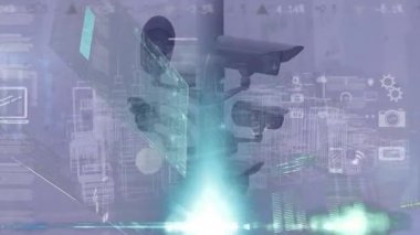 Alfa kanalında arayüzü olan bir şehrin güvenlik kameraları. Arayüz hareket ediyor ve yeşil ekrana karşı istatistikleri gösteriyor. Video dijital olarak üretilen güvenlik, güvenlik, trafik ve teknoloji konsepti.