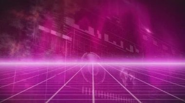 Mor zemin üzerinde veri işleme üzerine neon çizgilerin animasyonu. Küresel teknoloji, bilgisayar ve dijital arayüz kavramı dijital olarak oluşturulmuş video.