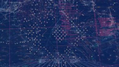 Noktaları birleştirerek veri işleme animasyonu, dijital arayüzdeki hud elementler. Dijital bileşik, yapay zeka, iletişim, bulut hesaplama, teknoloji, kodlama, ağ oluşturma.