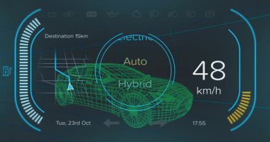 Siyah arkaplanda veri işleme ve ortam simgelerinin canlandırılması. Küresel ulaşım ve dijital arayüz kavramı dijital olarak oluşturulmuş video.