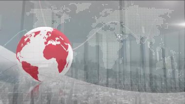 Dönen küre ile hareket eden grafiğin animasyonu, şehir haritası üzerinde dünya haritası. Dijital bileşik, yapay zeka, küresel iletişim, finans, ekonomi, kalkınma, veri.