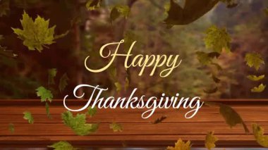 Yazıların animasyonu, sonbahar yaprakları üzerinde sarı renkte mutlu tatiller, tahta dijital ormanın üzerine düşüyor. Şükran Günü kutlaması ve tatil konsepti.