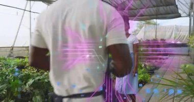 Serada yeşillikleri inceleyen bir kadın, tarama tesislerini taramak için devreyi etkinleştiriyor. Botanik, sürdürülebilirlik, yenilik, teknoloji, işbirliği, çevre dostu, profesyonel