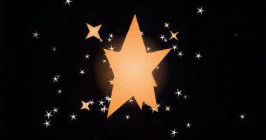 Merkezde ortaya çıkan turuncu yıldız beyaz yıldızların yörüngelerinde döngü hareketine neden oluyor. Göksel, kozmik, animasyon, fütüristik, canlı, dinamik, uzay