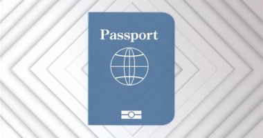 Açılış sahnesi mavi pasaport simgesinin beyaz elmas panellerin üzerinde sabit kalıp kimlik gösterdiğini gösteriyor. Dijital, markalaşma, minimalizm, seyahat, güvenlik, teknoloji, şirket