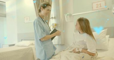 Sağlık odasına giren hemşire, kızı selamlıyor ve kalp kaplamalarıyla serumdan sağlık kontrolü yapıyor. Sağlık, hasta bakımı, tıbbi ortam, şefkat, hastane konaklama, bakıcılık rolü, pediatrik