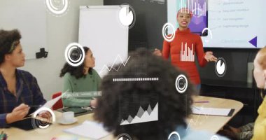 Presenter starting briefing pointing animated graphs and charts as team absorbing business metrics. Business, teamwork, analytics, presentation, professional, digital, corporate