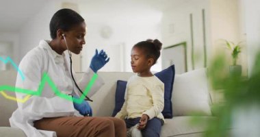 Doctor picking up stethoscope demonstrating use, examining child's chest with green ECG waveform. Medical, healthcare, wellness, pediatric, clinical, homecare, diagnostics