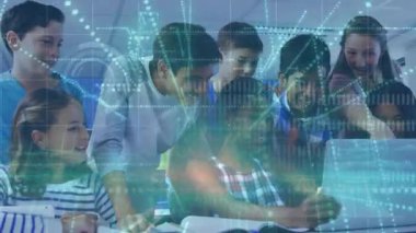 Animation of rotating globe over diverse colleagues diverse rotating at casual office meeting. Back to school and education technology concept.