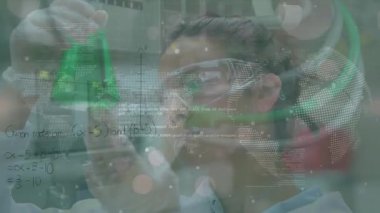 Animation of data processing over woman making tea. Global networking and business technology concept.