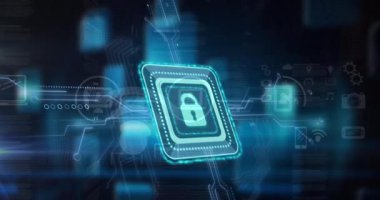 Animation of online security padlock over motherboard and data processing. Global online cyber security, computing and data processing concept digitally generated video.