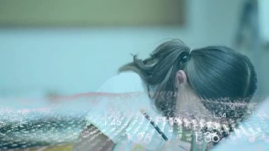 Schoolgirl seeing data streams animating over notebook, guiding pencil to solve math for learning. Education, student, focus, concentration, youth, learning, classroom