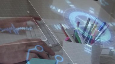 Hands typing on keyboard initiating pulsing waveform and rotating UI showing live feedback. Technology, innovation, workspace, digital, futuristic, data visualization, productivity