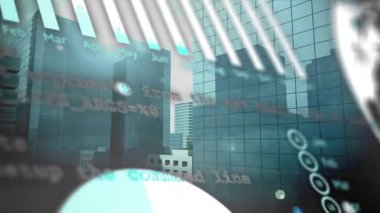 Yüksek binalarda istatistiksel veri işleme animasyonu. Bilgisayar arayüzü ve iş veri teknolojisi kavramı
