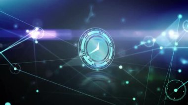 Animation of neon ticking clock over network of connections against blue background. Global networking and business technology concept